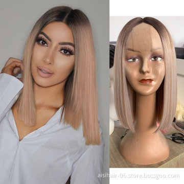 Aisi Hair 14 Inch High Quality Synthetic Highlight Lace Wig Ombre Blonde Lace Front Synthetic Hair Bob Wigs For Black Women